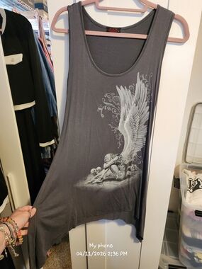 Gray Sleeveless Tunic with Angel Wing Graphic